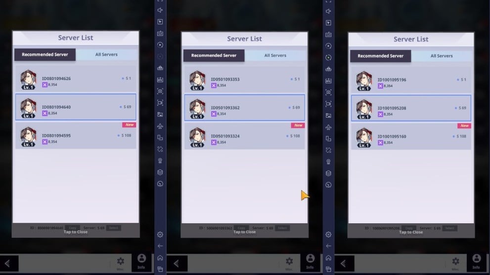 Server selection menu in Tower of God: New World