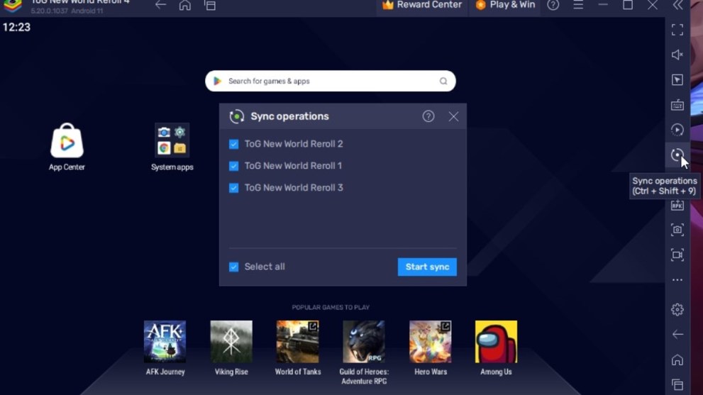 Sync operations button on Blue Stacks