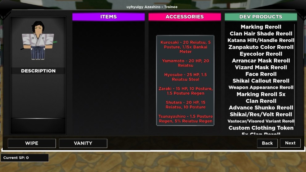 The clans menu in Type Soul.