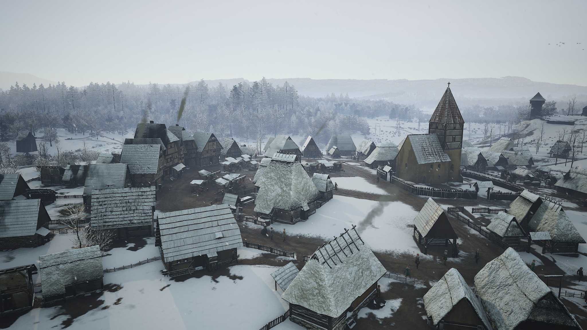 where to build manor in Manor Lords - a medieval village in the winter with snow on the houses