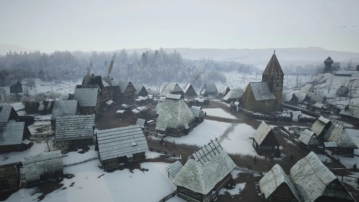 where to build manor in Manor Lords - a medieval village in the winter with snow on the houses