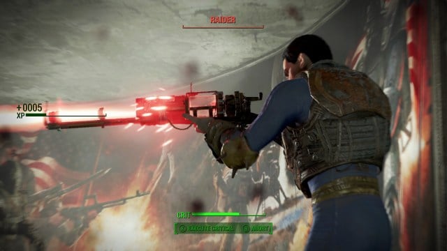 The Sole Survivor shooting raiders in Fallout 4.