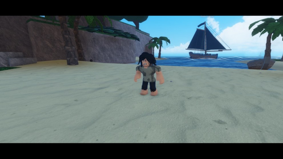 Arcane Odyssey Waking up on a beach with a ship in the background