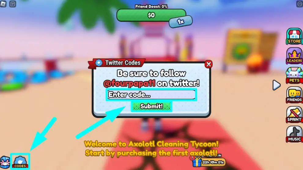 Codes redemption menu in Axolotl Cleaning Tycoon Roblox experience