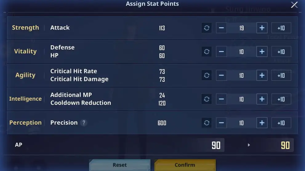 Stats level up menu in Solo Leveling: Arise