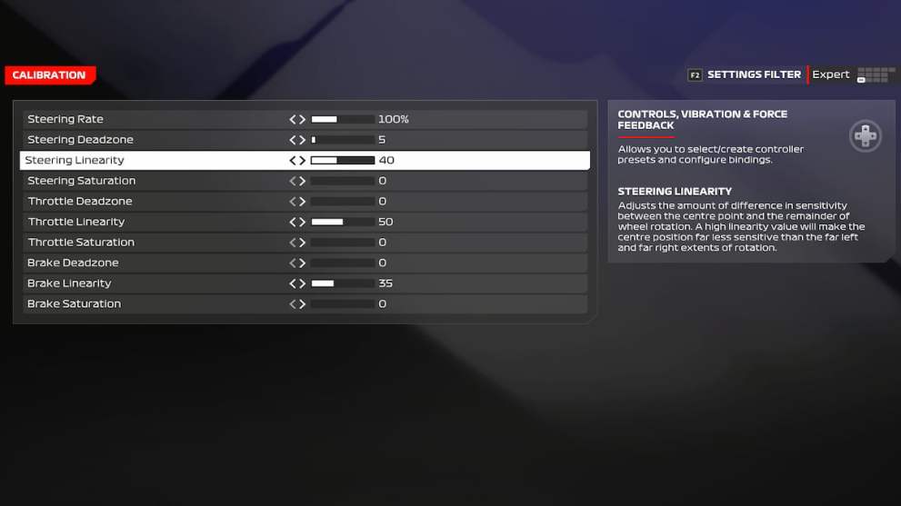 Xbox controller recommended calibration settings in F1 24