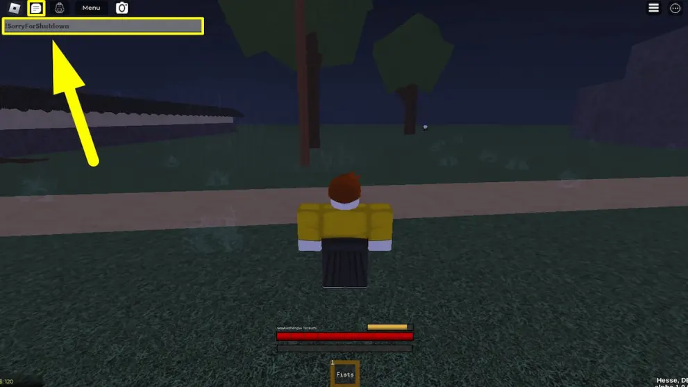 Player using chat to redeem a code in Onikami Legacy Roblox