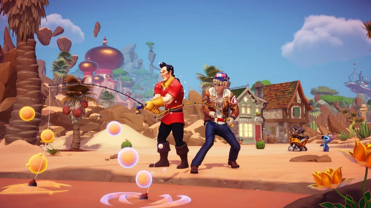 Gaston and the player character fishing in Disney Dreamlight Valley.