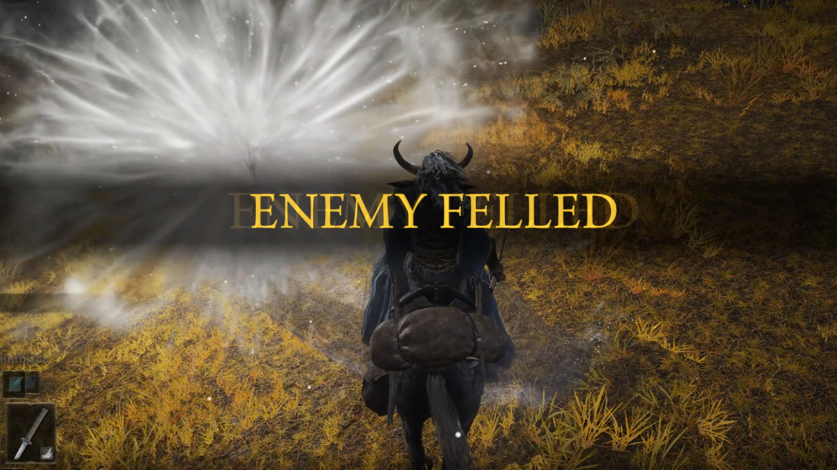 Top 10 Elden Ring Shadow Of The Erdtree DLC Enemies We’re Most Excited To Die To: A player defeats a powerful enemy, getting the Enemy Felled victory script as a result.