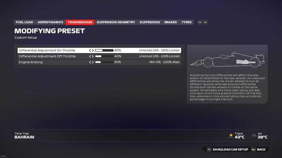 Transmission setup for Bahrain GP in F1 24