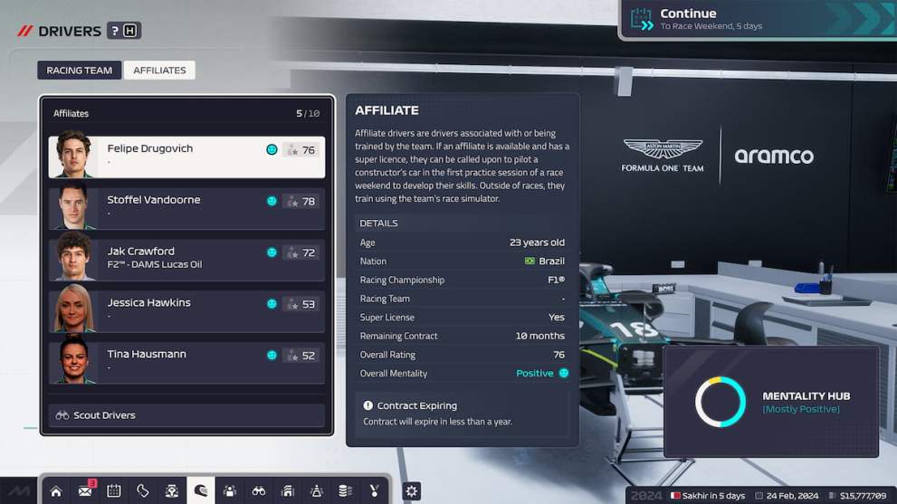 Affiliate driver management menu in F1 Manager 2024