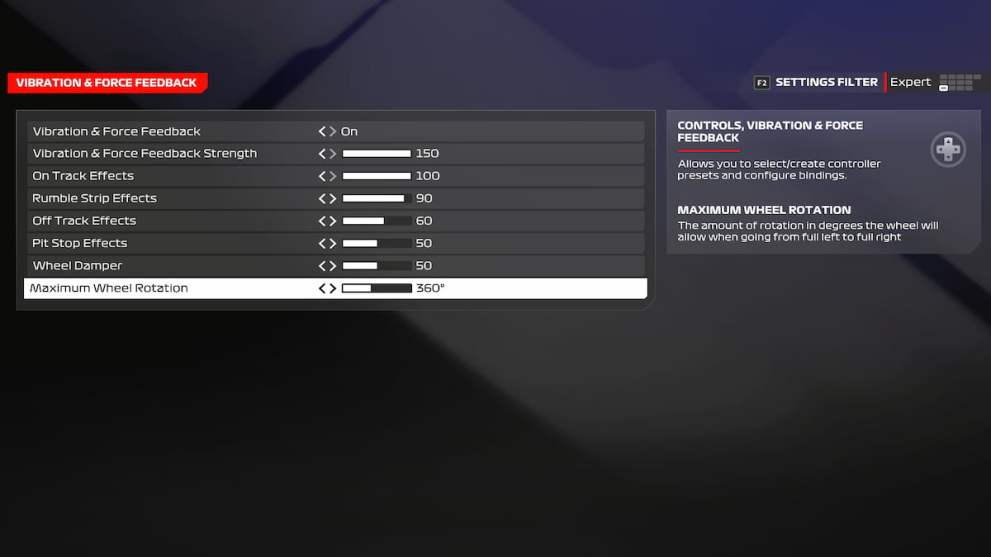 Xbox controller recommended force feedback settings in F1 24