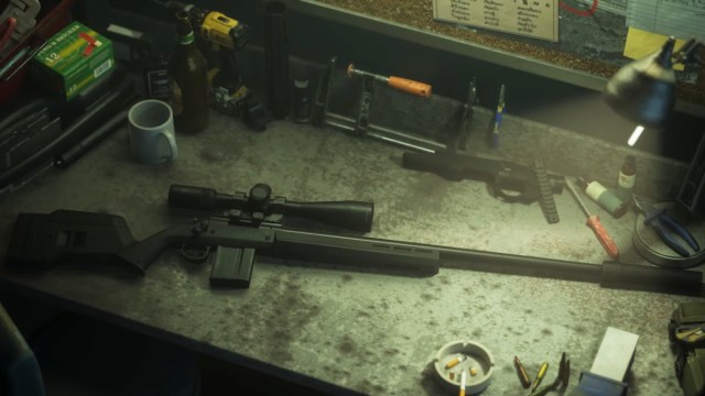 Waffenliste der Grauzonen-Kriegsführung – Alle Waffen, die Sie derzeit freischalten können: Ein Scharfschützengewehr auf einer Werkbank.