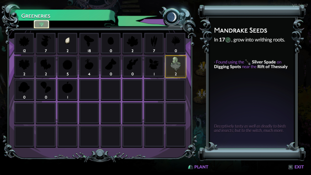 Hades 2 How To Get Mandrake Seeds And What To Use Them For: Mandrake Seeds in inventory.