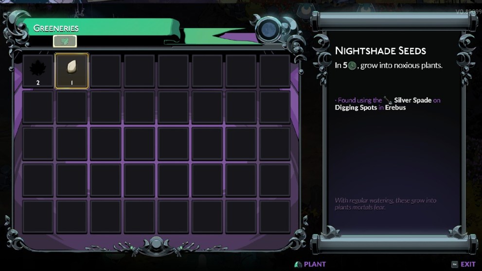 Hades 2 inventory screen showing nightshade seeds