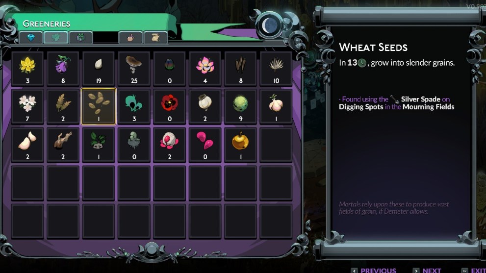 Hades 2 wheat seed inventory description