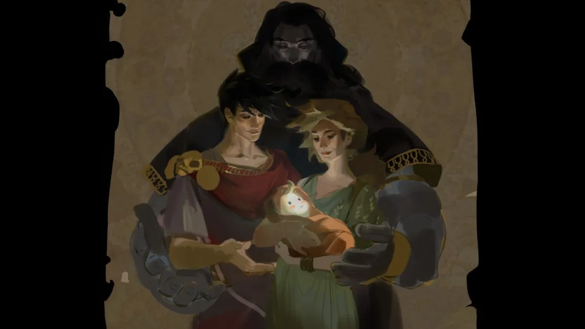Hades 2 painting of hades family zagreus, persephone, and baby melinoe