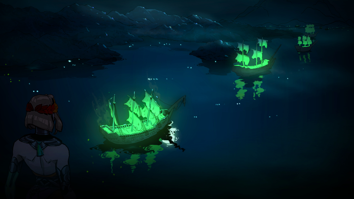 Hades 2 Melinoe watches a fleet of glowing green ships sail through the Rift of Thessia region