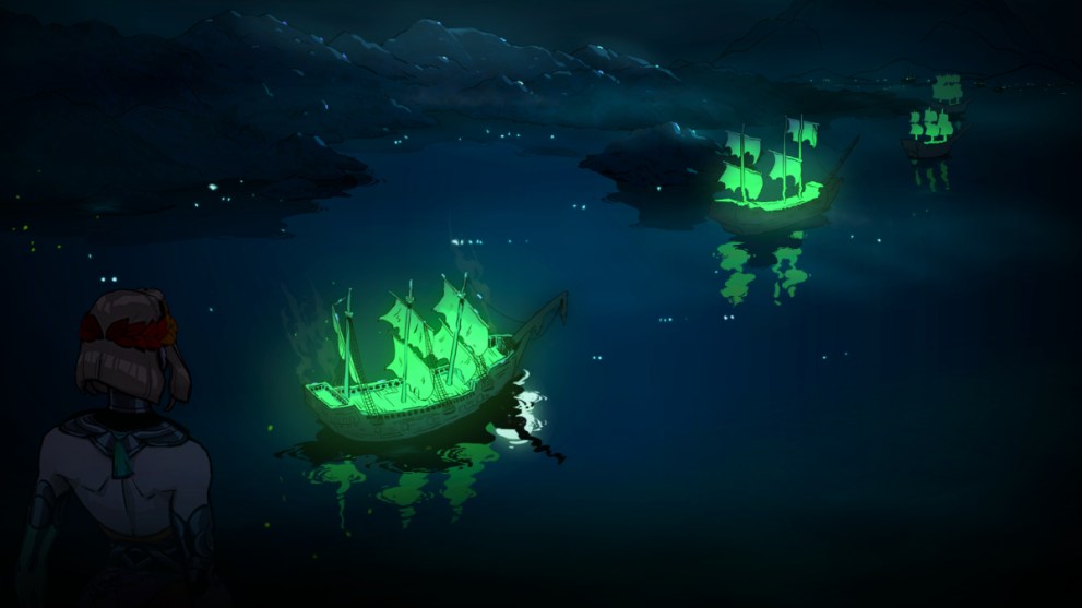 Hades 2 Melinoe watches a fleet of glowing green ships sail through the Rift of Thessia region