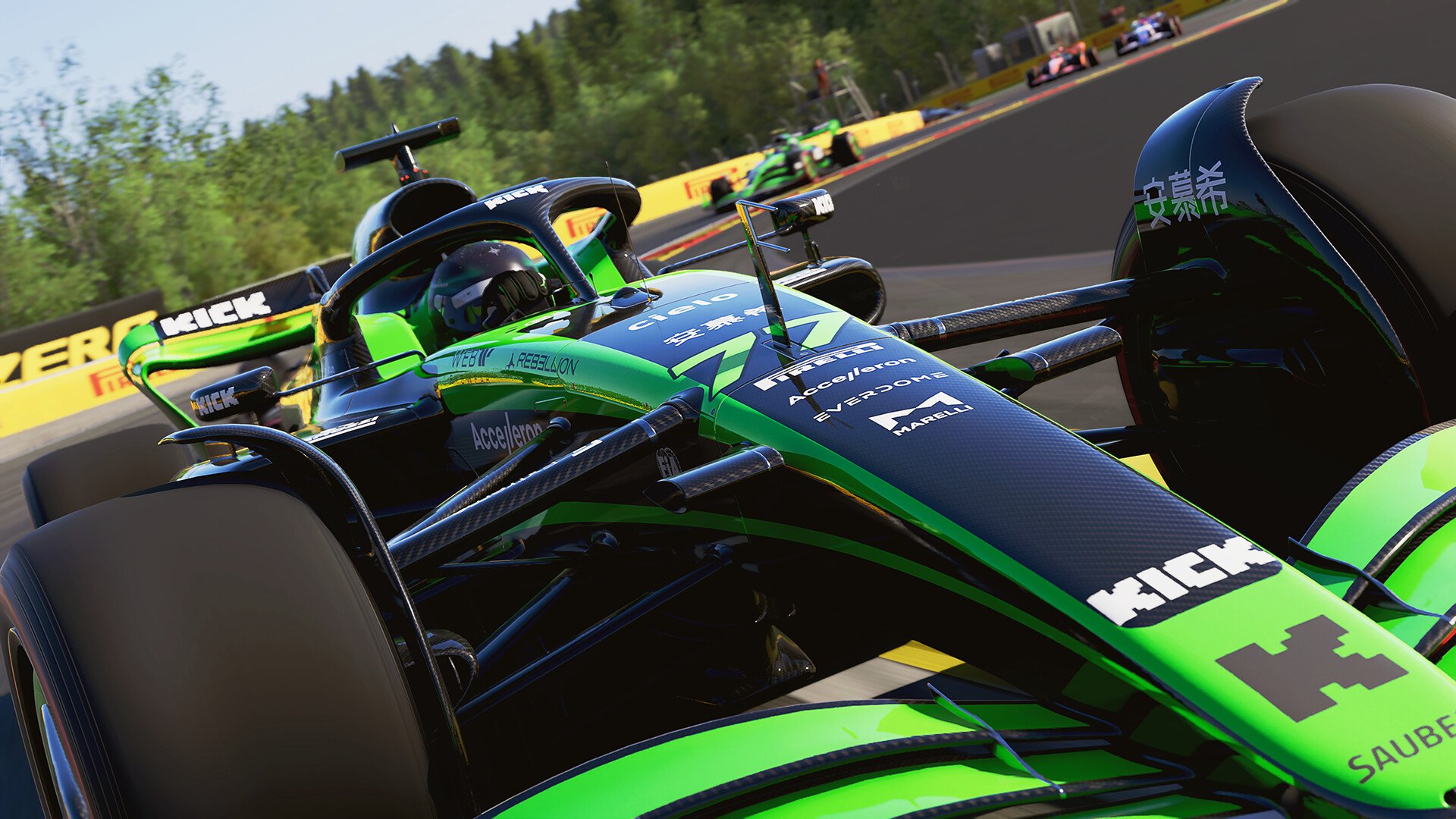 How to play with friends in f1 24 - a green and black f1 car on a track