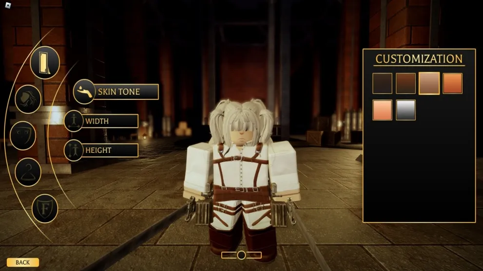 A character customization screen in Attack on Titan Revolution