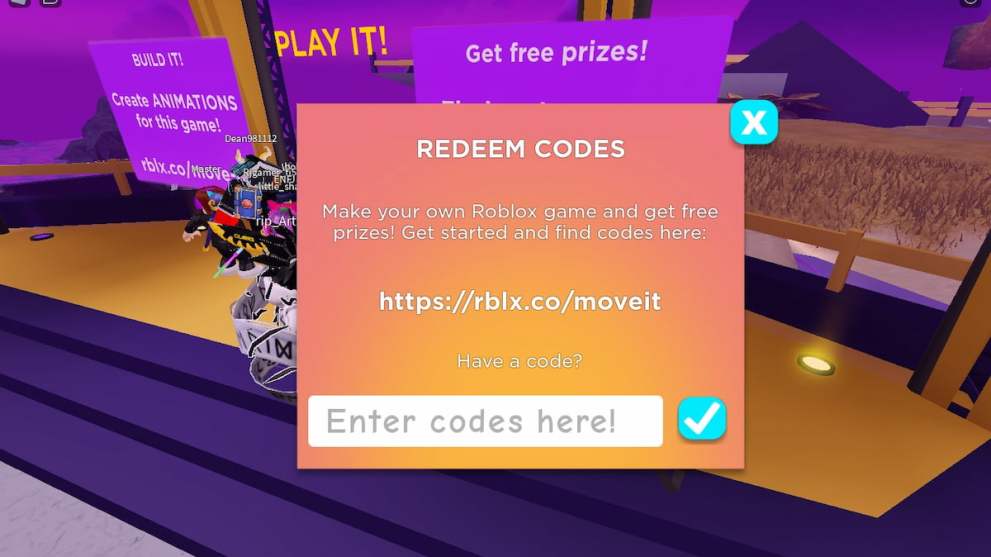 Codes redemption menu in Island of Move Roblox experience
