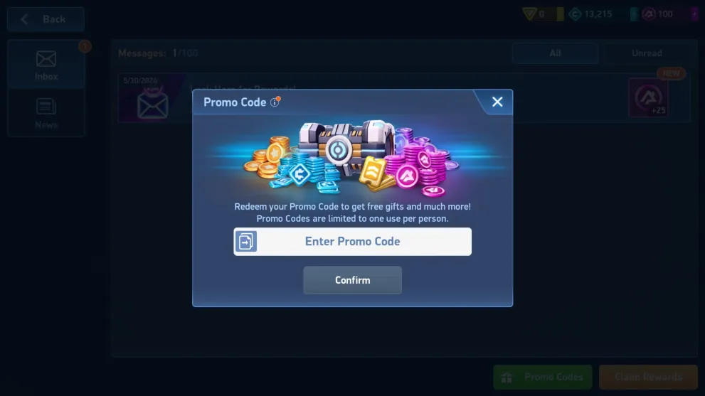 The Promo Code text box in Mech Arena