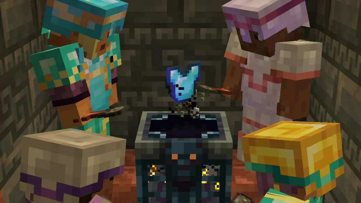 Two Minecraft characters looking inside a vault chest.