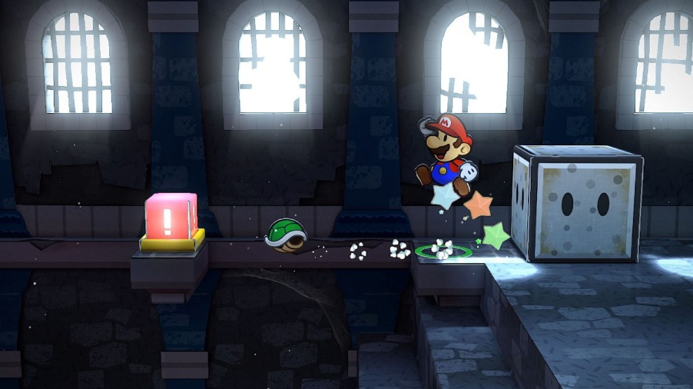 Mario hitting a red switch with a shell.