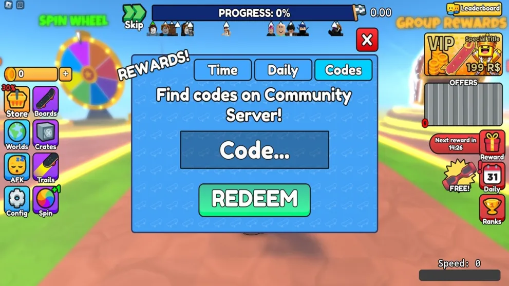 The code page in Skateboard Obby