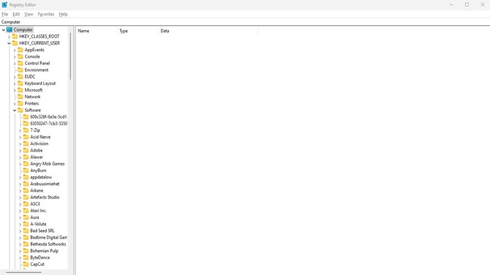 A screenshot of Windows' registry editor
