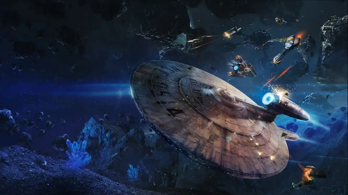 Star Trek Fleet Command codes a spaceship in space being fired upon