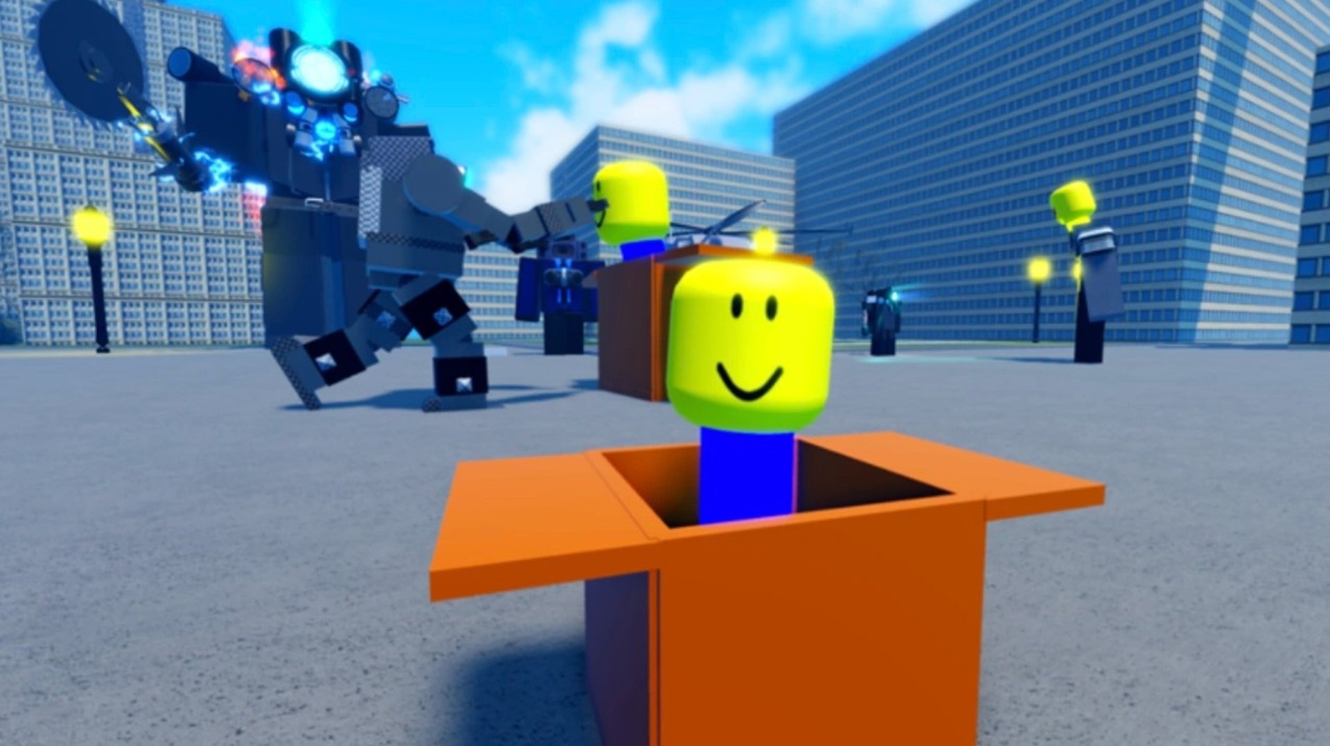 Superbox Siege Defense a Roblox character peeking out of a box