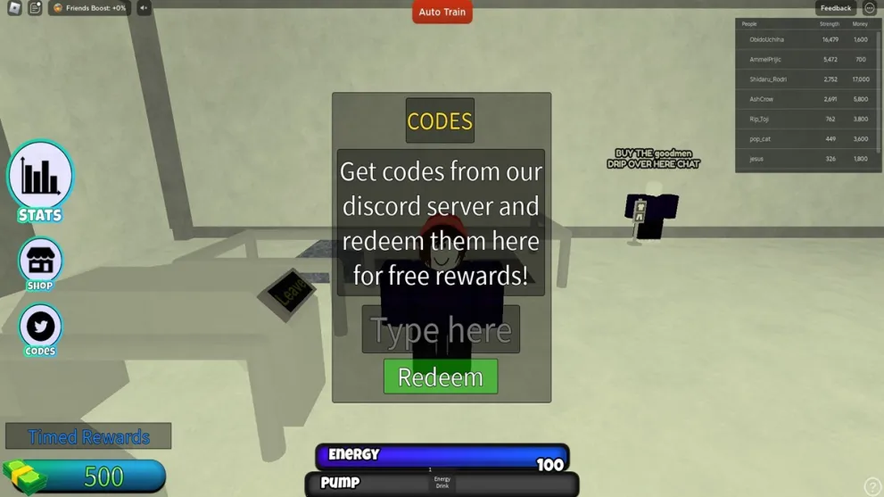 The Codes type-in box in Untitled Gym Game in Roblox 