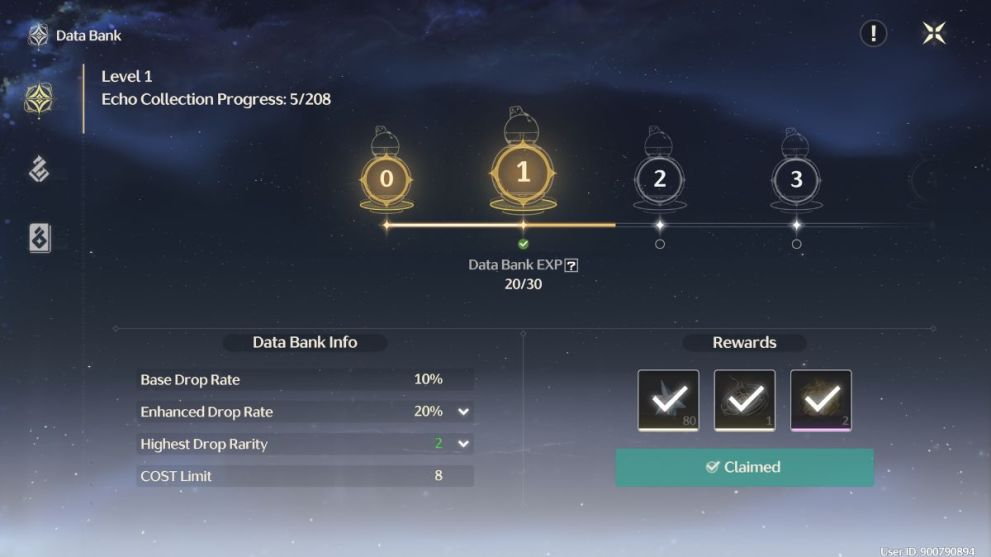 Data Bank Level tab in Wuthering Waves. 