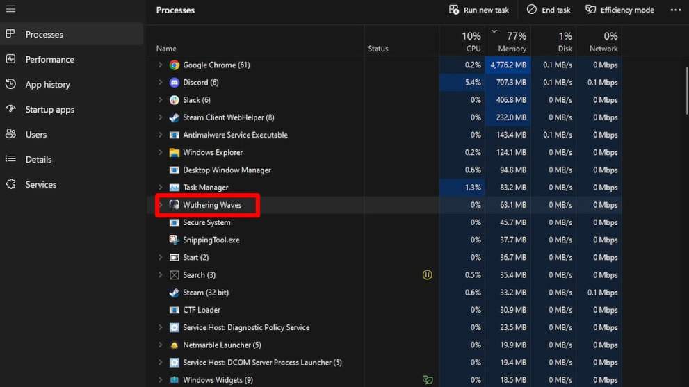 Wuthering Waves launcher in Task Manager