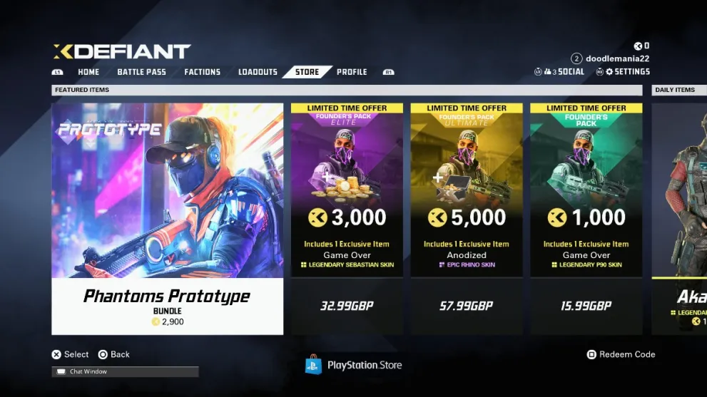 The storefront menu in XDefiant.