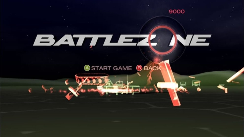 Geometric text details the title of the video game 'Battlezone'.  A dark lunar surface is visible in the background, with vector-graphic tanks visible shooting at the player.