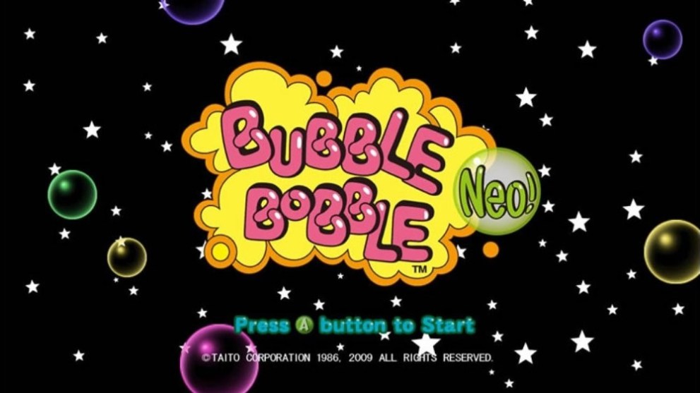 Pink bubble-text displays the name of the game 'Bubble Bobble: Neo!' against a black, starry background.   Multicoloured bubbles rise from the bottom of the screen.