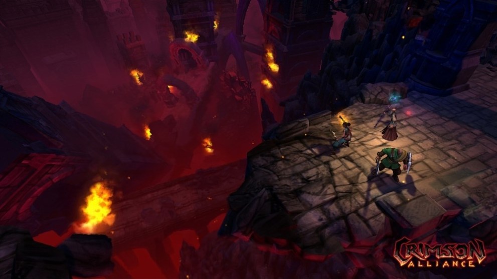 Three fantasy heroes are visible in the foreground, balancing on a rocky outreach in a cavern.  Seen in the background is a fiery crypt with stone bridges and arches.