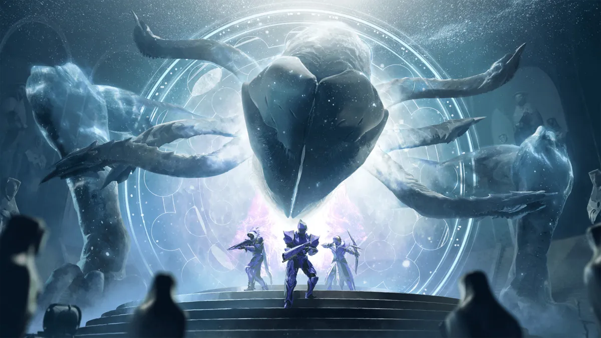 Destiny 2 Episode Echoes promotional art with three characters stepping out of portal