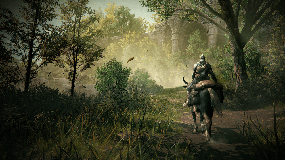 A player riding Torrent through wilderness in Elden Ring.