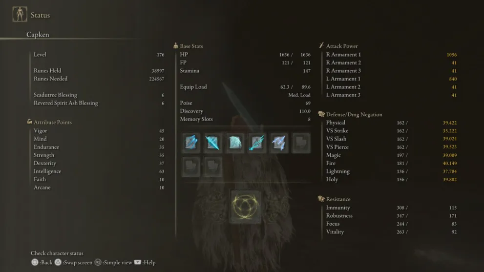 View of Character Stats in Elden Ring Shadow of the Erdtree