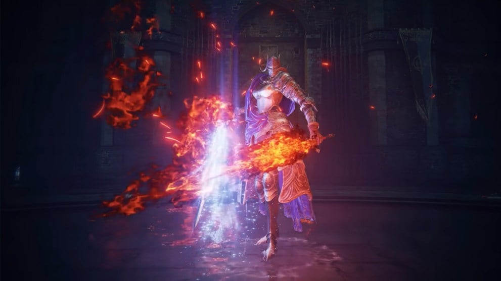 Rellana Posing With Fire and Magic Blades in Elden Ring Shadow of the Erdtree (Shadow of the Erdtree bosses ranked)