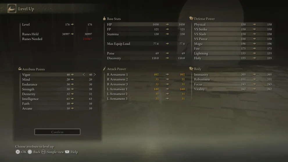 View of Stat Distribution in Level Up Screen in Elden Ring Shadow of the Erdtree