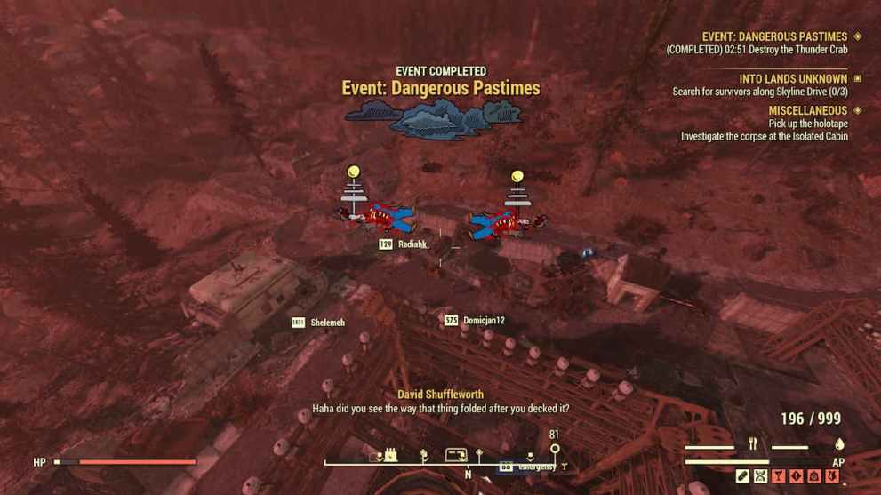 Fallout 76 Dangerous Pass Time event completed 