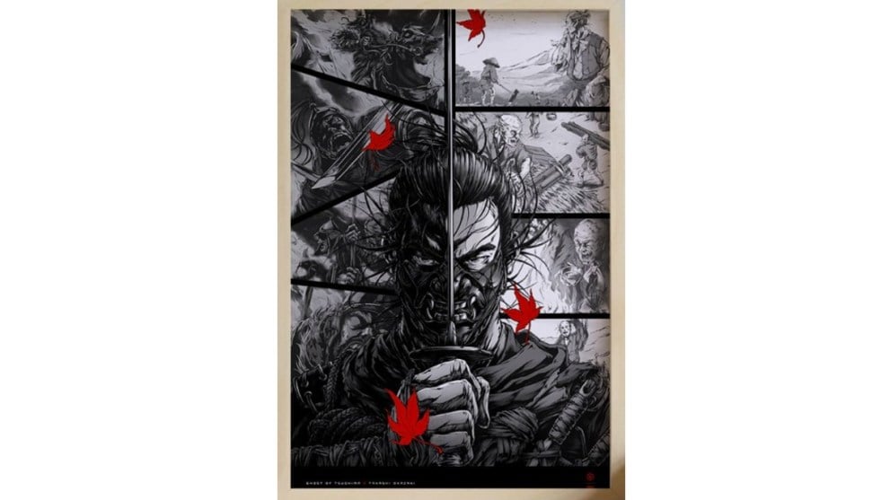 Ghost of Tsushima in black and white with red leaves in comic book style.