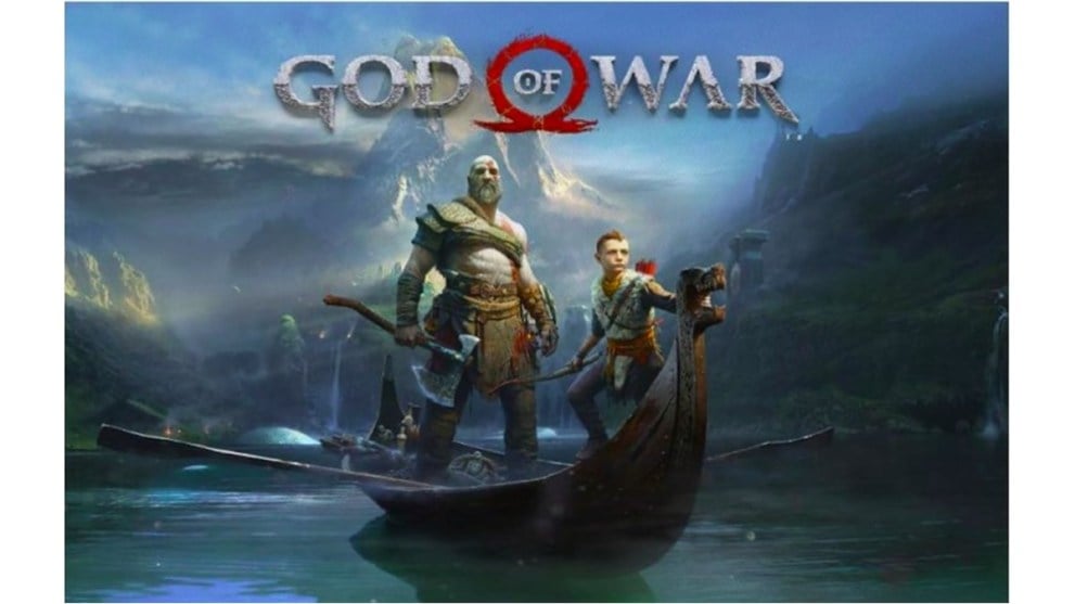 God of War characters in a boat in front of mountains,