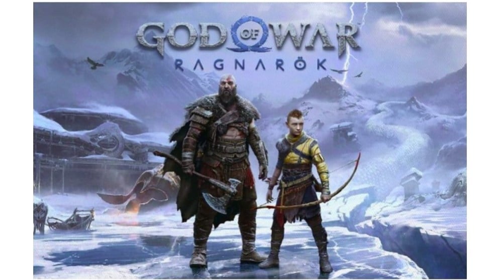 Main characters stood of a frozen lake in front of lightening and mountains.