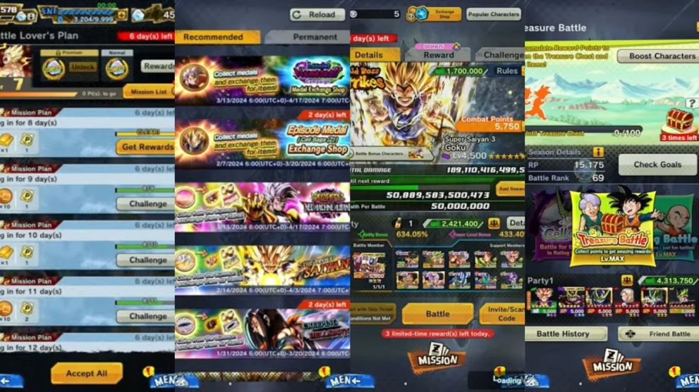 Dragon Ball Legends multiple screenshots of equipment medal rewards